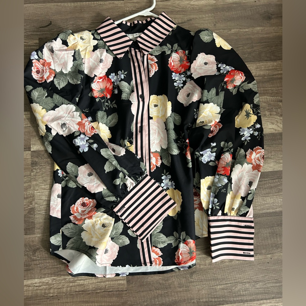 Floral Button-Up Shirt with Striped Cuffs